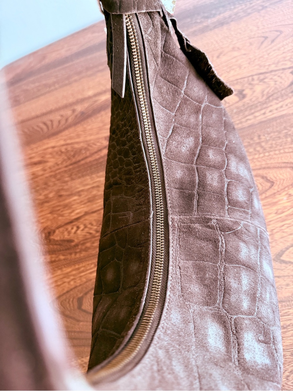 Haute Hippie Rich Espresso Croc-Embossed Suede Shoulder Bag with Fringe - Picture 6 of 9